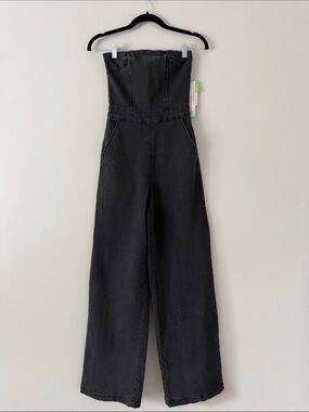 Strapless Wide-Leg Jumpsuit in Charcoal Gray Jean material